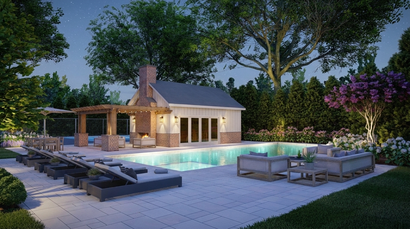 A serene pool house at dusk surrounded by lush gardens