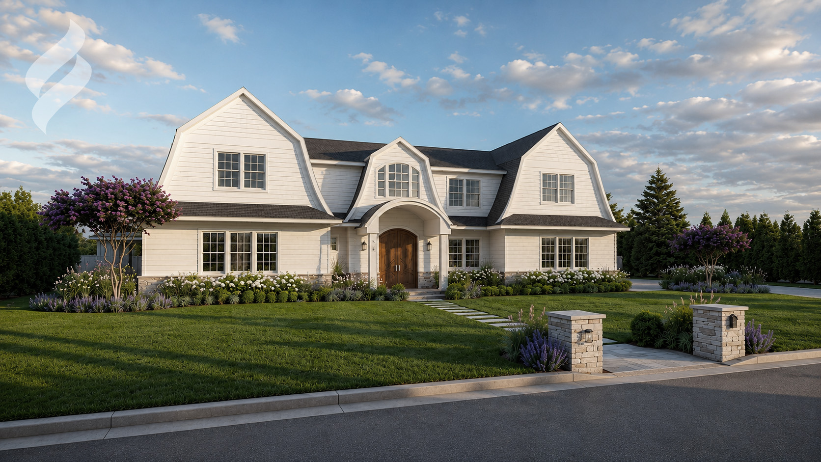 White gambrel farmhouse with layered front plantings and stone piers