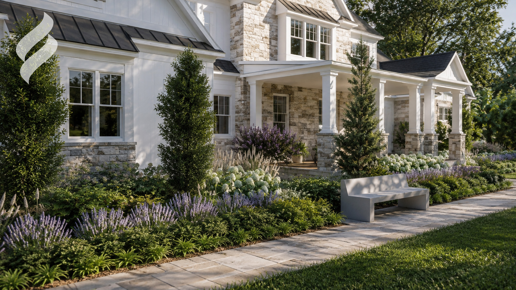 Stone walkway with lavender and hydrangea borders along a porch