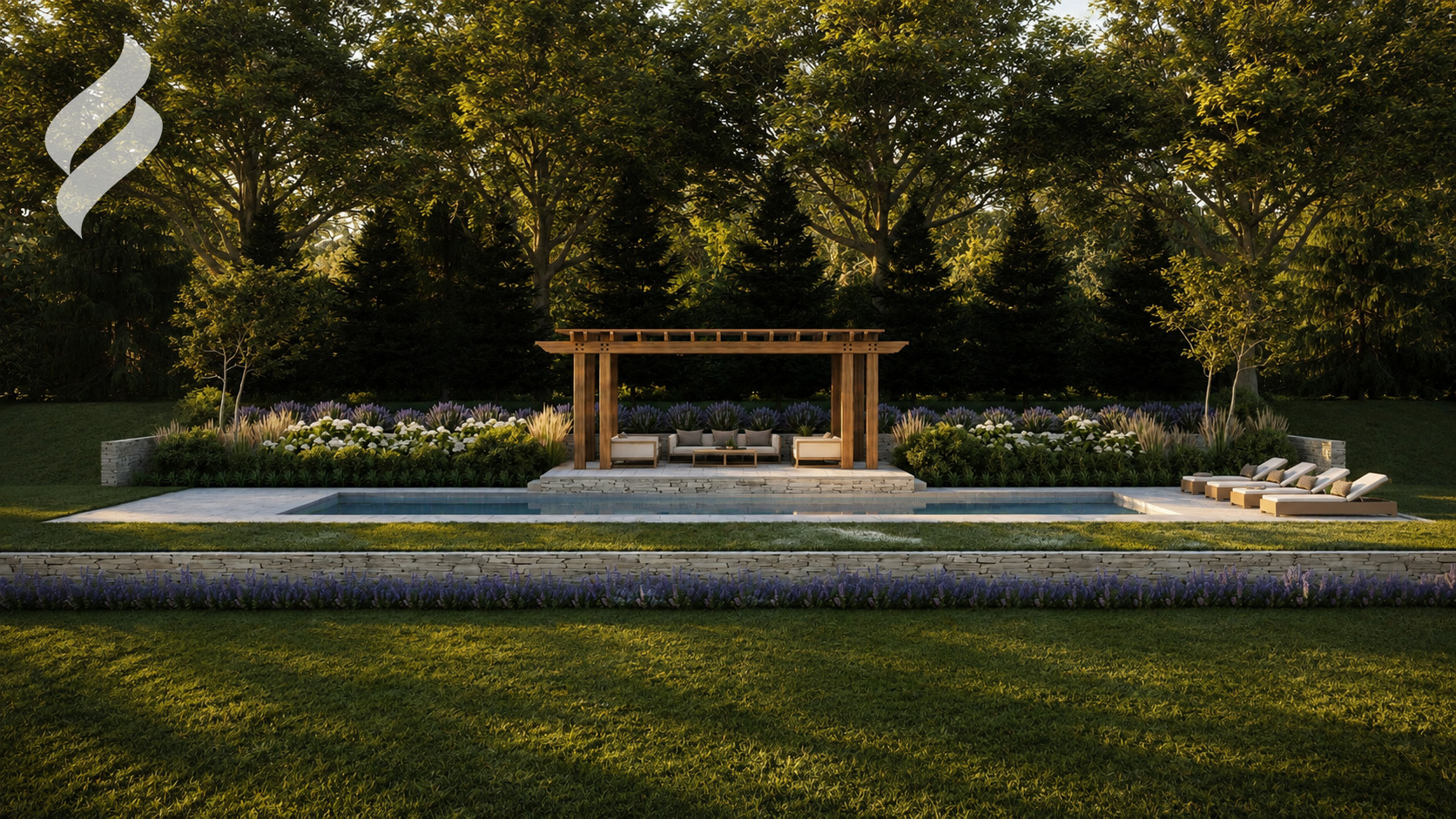 Pergola lounge above a pool with stone retaining walls